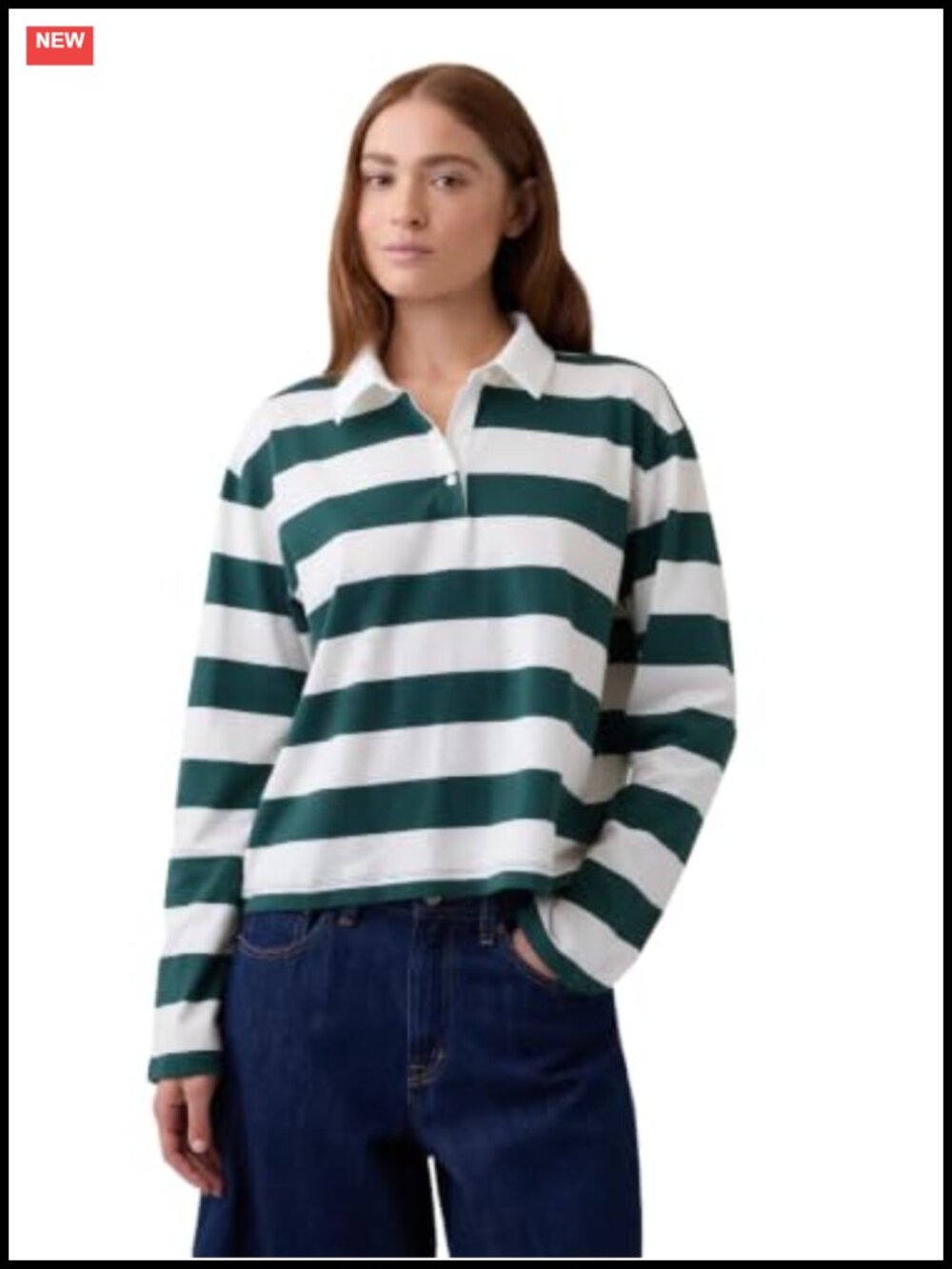 Gap Women's Long Sleeve Rugby Polo 100% Cotton Crew Neck Striped Top